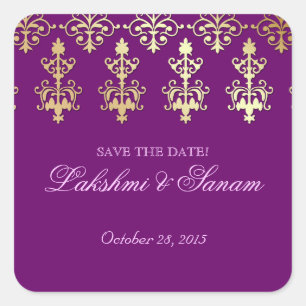 Indischer Rett Datum Hochzeitsticker Lila Gold Quadratischer Aufkleber
