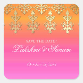 Indischer Rett Hochzeitsticker Rosa Orange Gold Quadratischer Aufkleber