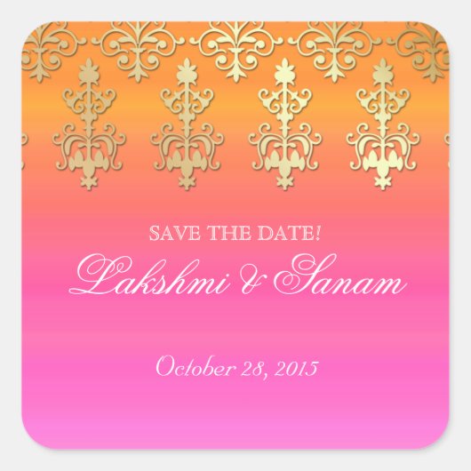 Indischer Rett Hochzeitsticker Rosa Orange Gold Quadratischer Aufkleber (Vorderseite)