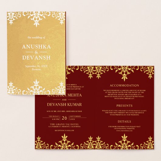 Indischer Stil Red Gold Damask Einladung (Anzeige)