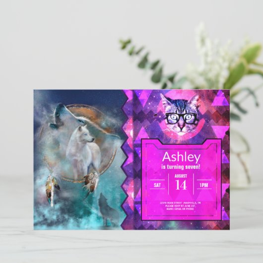 Indischer Träumer und ethnischer Stammeswolf Einladung (Stehend Vorderseite)