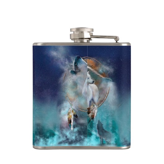 Indischer Träumer und ethnischer Stammeswolf Flachmann (Rückseite)