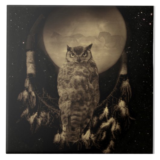 Indischer Traumfänger mit Eule und Pferden Fliese (Vorderseite)