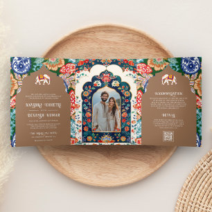 Indischer Volks kunst Elefant Beige Hochzeit Dreifach Gefaltete Einladung