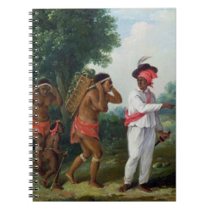 Indischer Westmann der Farbe, Carib Wom verweisend Notizblock