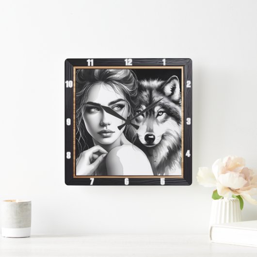 Indischer Wolf schwarz und weiß Quadratische Wanduhr (Zuhause)