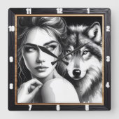 Indischer Wolf schwarz und weiß Quadratische Wanduhr (Vorderseite)