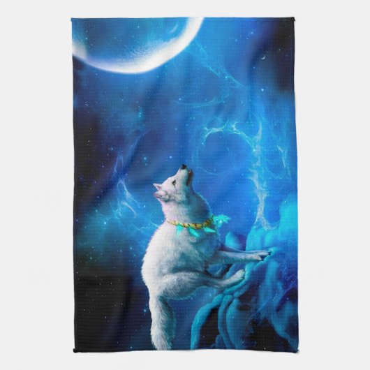 Indischer Wolf und Vollmond Geschirrtuch (Vertikal)