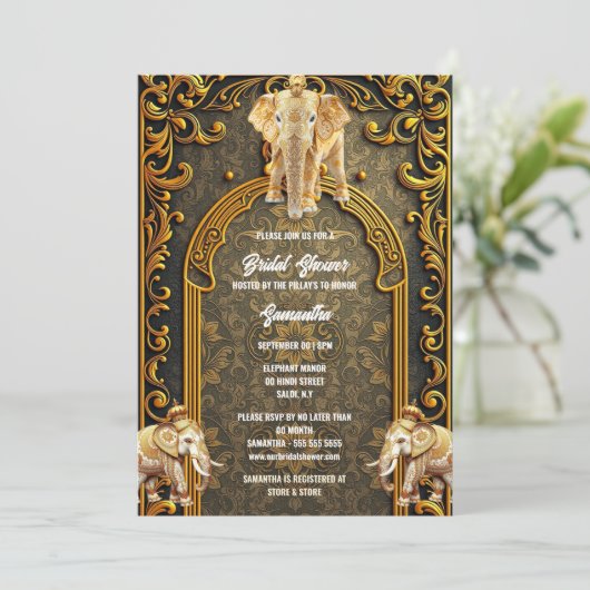 Indisches Elefantengold Luxus-Brautparty Einladung (Stehend Vorderseite)