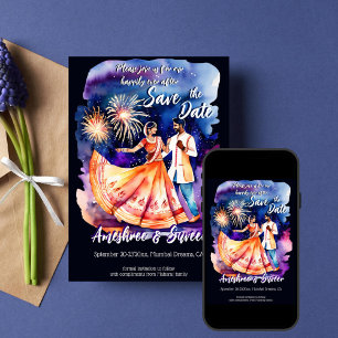 Indisches Hochzeitsdanzpärchen Feuerwerk rett Datu Einladung