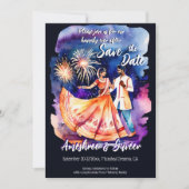 Indisches Hochzeitsdanzpärchen Feuerwerk rett Datu Einladung (Vorderseite)