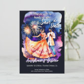 Indisches Hochzeitsdanzpärchen Feuerwerk rett Datu Einladung (Stehend Vorderseite)