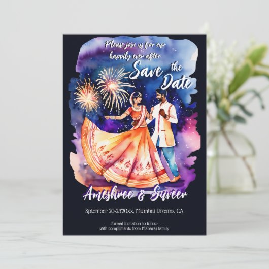 Indisches Hochzeitsdanzpärchen Feuerwerk rett Datu Einladung (Stehend Vorderseite)