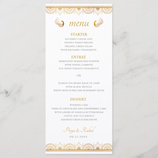 Indisches Hochzeitsdinner-Menü im Goldmuster Menükarte (Vorderseite)