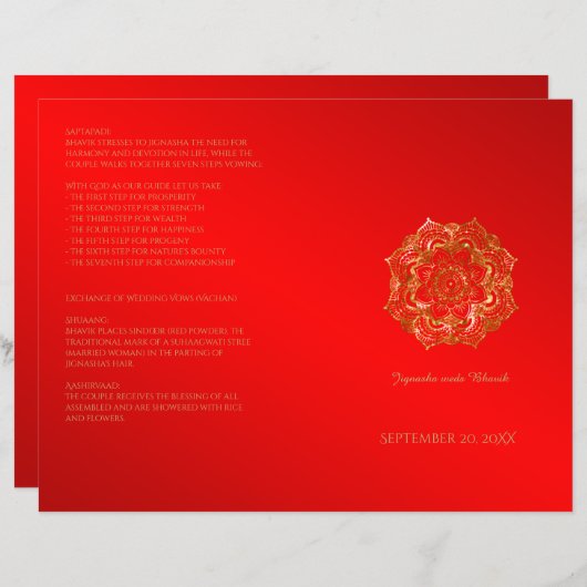 Indisches Hochzeitsprogramm für Rote und Gold-Blum (Vorne/Hinten)