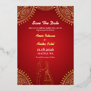 Indisches Paar Hochzeit Rot Gold Save-the-Date Folieneinladung