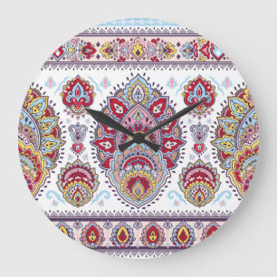 Indisches Paisley-Blumenmuster, ethnisches Medaill Große Wanduhr