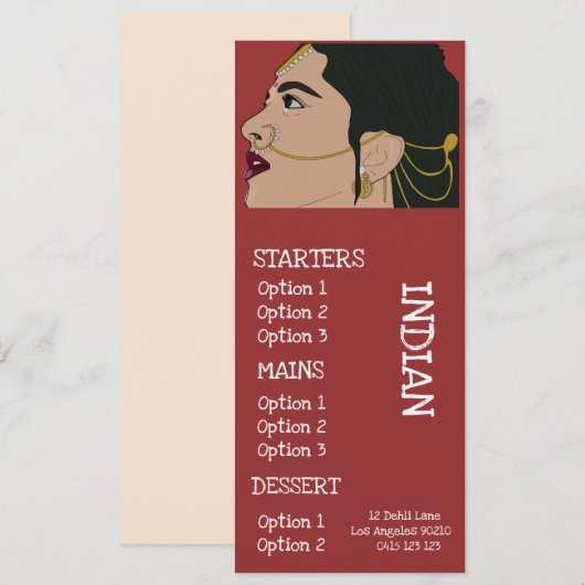 Indisches Restaurantabendessenmenü Menükarte (Vorne/Hinten)