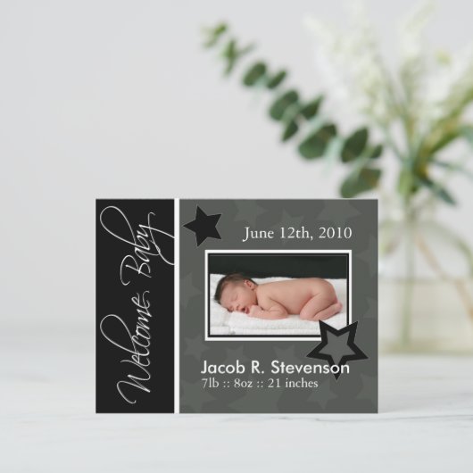 individuell anpassbare Geburtsankündigung Ankündigungspostkarte (Stehend Vorderseite)