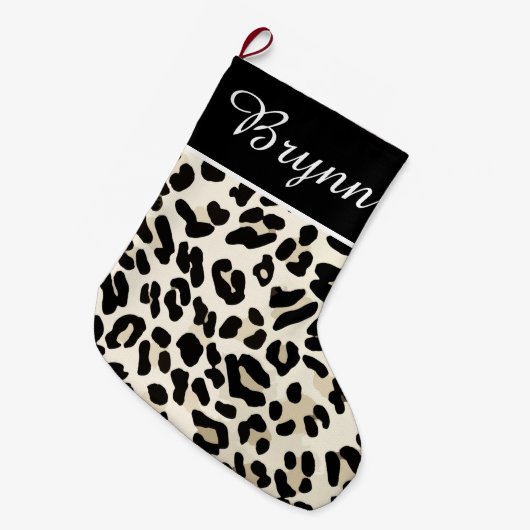 Individuell anpassbare Leopard Print Holiday Dekor Großer Weihnachtsstrumpf (Vorderansicht (hängend))