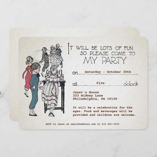 Individuell anpassbare Retro Childish-Party Einlad Einladung (Vorne/Hinten)