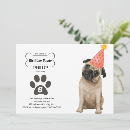 Individuell anpassbarer Mops Geburtstag PAWTY Einladung (Stehend Vorderseite)