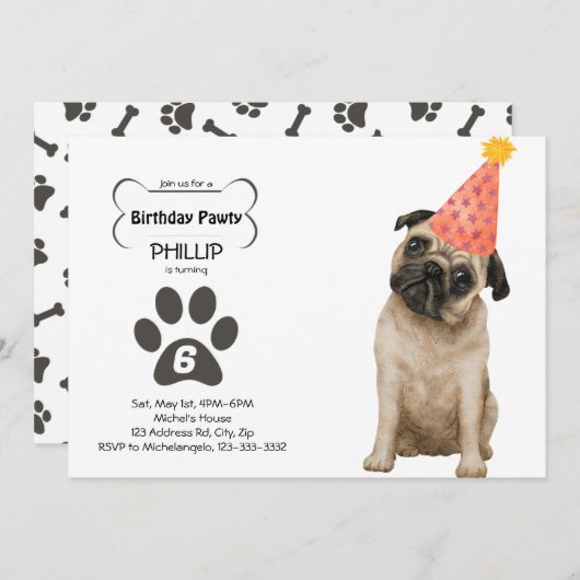 Individuell anpassbarer Mops Geburtstag PAWTY Einladung (Vorne/Hinten)