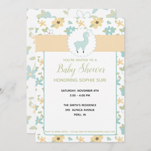 Individuell gestaltbare Blue Little Llama Babydusc Einladung (Vorne/Hinten)