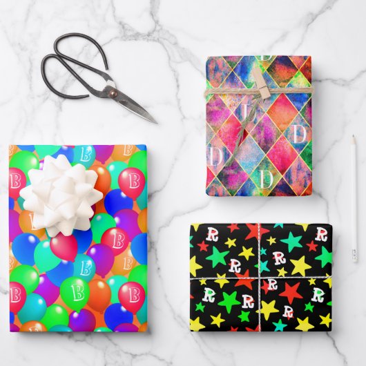 Individuell monogramm erste bunte moderne elegant geschenkpapier set (Vorderseite)
