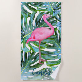 Individuell rosa Flamingo tropische Blätter Modern Strandtuch