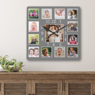 Individuelle 13-Familien-Fotocollage-Erinnerung Gr Quadratische Wanduhr