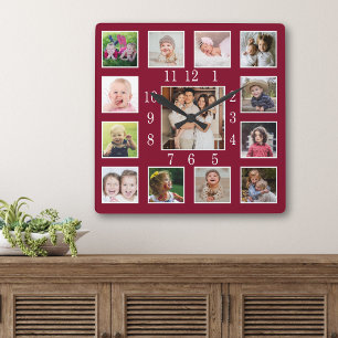 Individuelle Familien-Fotocollage Burgund als Erin Quadratische Wanduhr