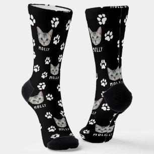Individuelle Katzen-Foto & Name Schwarz Socken