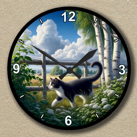 Individuelle Landschaft Tuxedo Cat Erkundung Runde Wanduhr