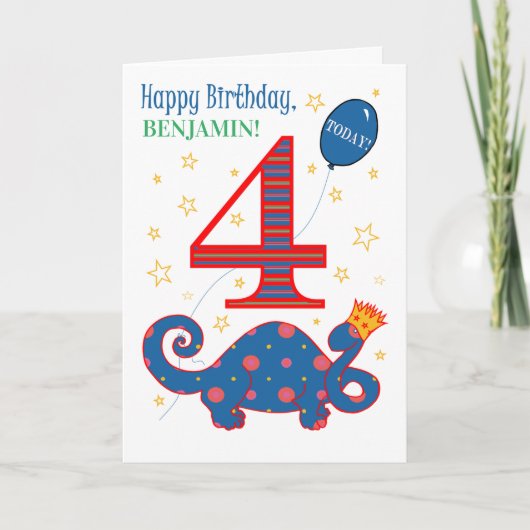 Individuelle Name 4. Geburtstag mit Fun Dinosaurie Karte (Vorderseite)
