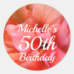 Individuelle Name 50. Geburtstag Orange Pink Blume Runder Aufkleber