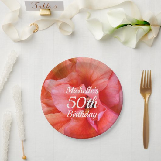 Individuelle Name 50. Geburtstag Tropische Blume F Pappteller (Hochzeit)