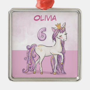Individuelle Name 6. Geburtstag Rosa Pferd mit Kro Ornament Aus Metall