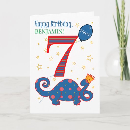Individuelle Name 7. Geburtstag mit Fun Dinosaurie Karte (Vorderseite)