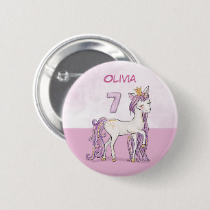 Individuelle Name 7. Geburtstag rosa Pferd mit Kro Button