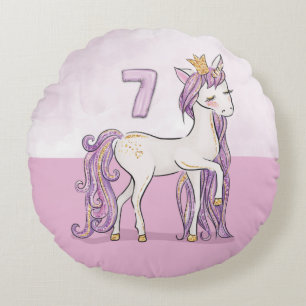 Individuelle Name 7. Geburtstag Rosa Pferd mit Kro Rundes Kissen
