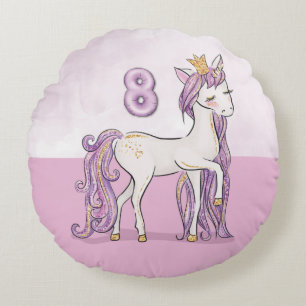 Individuelle Name 8. Geburtstag Rosa Pferd mit Kro Rundes Kissen