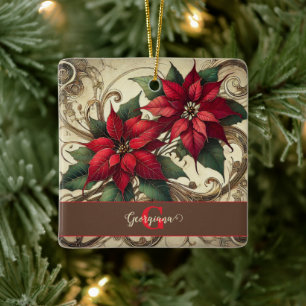 Individuelle Name Art Nouveau Christmas Poinsettia Keramikornament