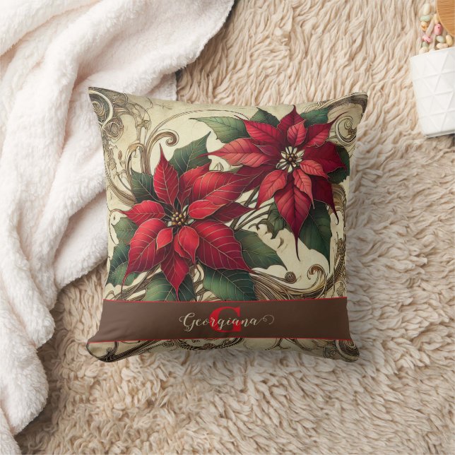 Individuelle Name Art Nouveau Christmas Poinsettia Kissen (Decke)