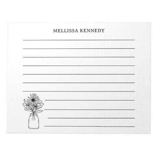 Individuelle Name aus schwarz und weiß Wildblume Notizblock (Vorderseite)