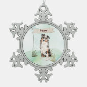 Individuelle Name Australian Shepherd Pet Dog Schneeflocken Zinn-Ornament (Vorderseite)