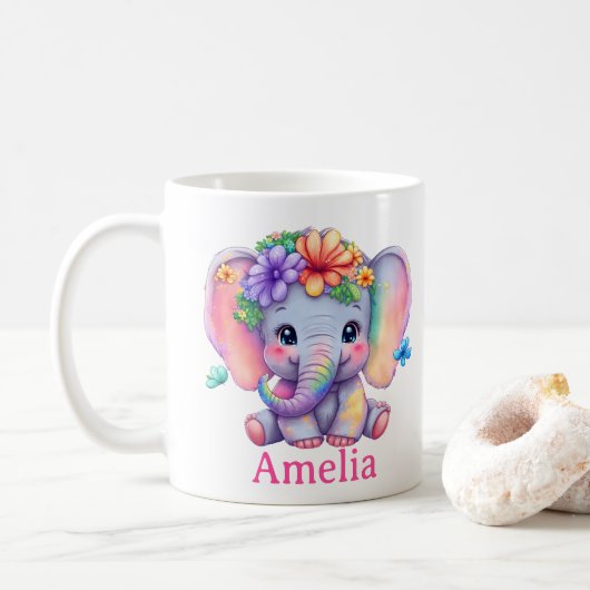 Individuelle Name Baby Elephant Floral Tasse für N (Mit Donut)