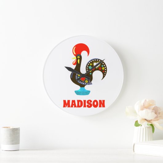 Individuelle Name Barcelos Portuos Rooster Black Große Wanduhr (Zuhause)