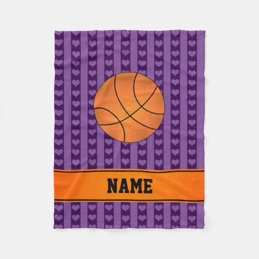 Individuelle Name Basketball lila Herzensstreifen Fleecedecke (Vorderseite)