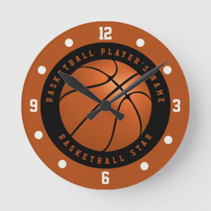 Individuelle Name Basketball Schwarz und Orange Runde Wanduhr